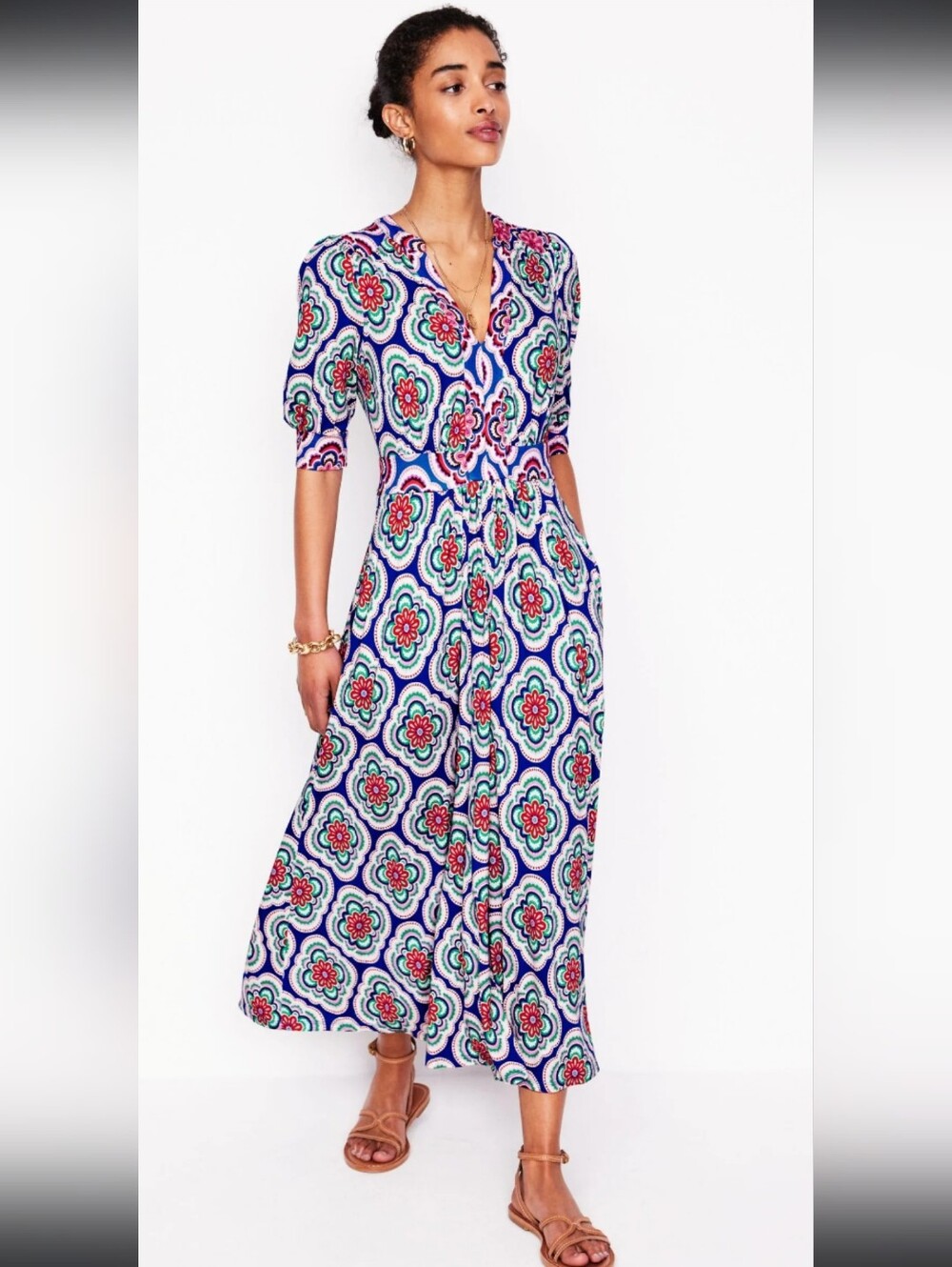 Boden Lily Jersey Midi Tea Dress Size 4 Bright Blue Botanic Blush - Picture 3 of 10